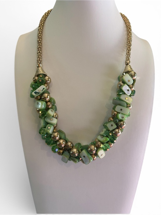 Jewelry - Gold-tone Green Shell Glass and Beaded Necklace